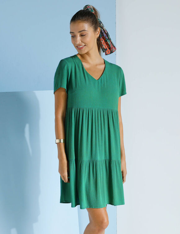 Robe col V courte unie, crépon (vert)