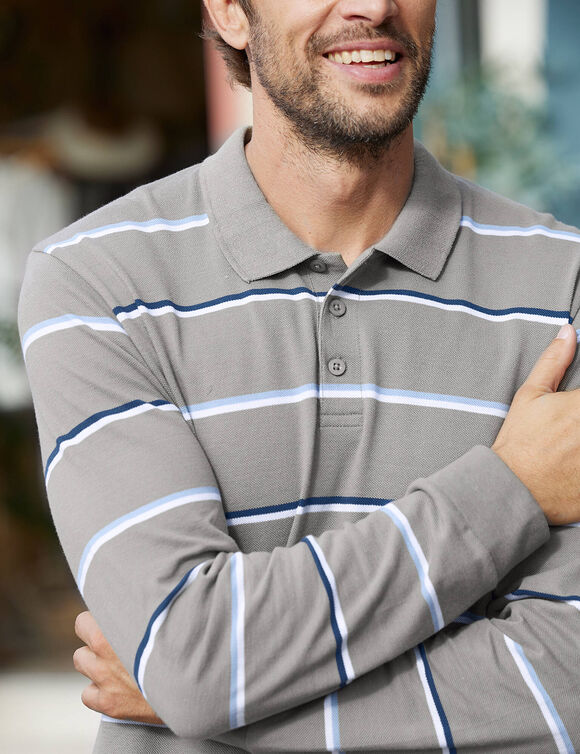 Polo ray&eacute; maille piqu&eacute;e chin&eacute;e manches longues (gris chin&eacute;)