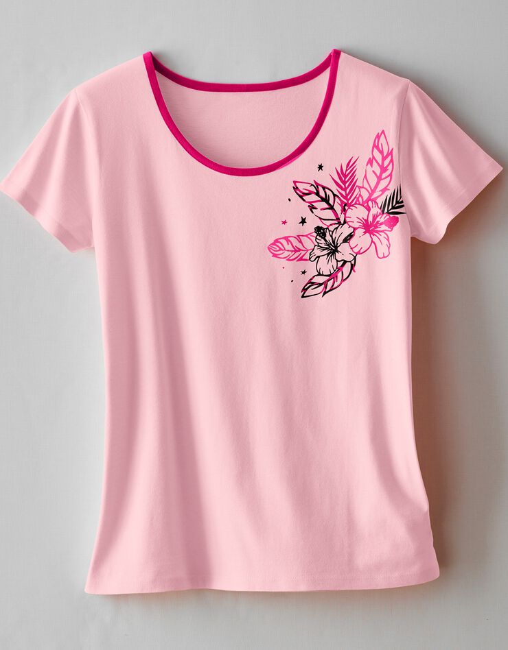 Tee-shirt pyjama manches courtes- imprimé fleuri placé (rose pâle)
