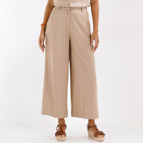 Pantalon effet jupe-culotte, en lin m&eacute;lang&eacute; (taupe)