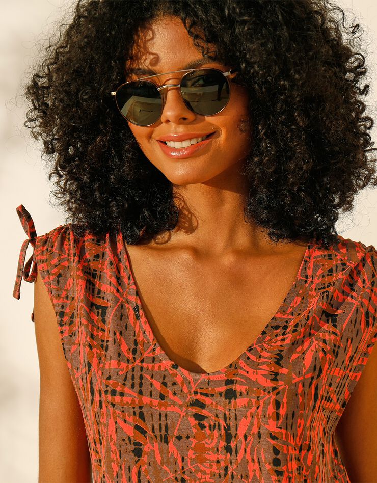 Tee-shirt imprimé, col V avec lien à nouer aux épaules (chocolat / corail) Tee-shirt imprimé, col V avec lien à nouer aux épaules (chocolat / corail)