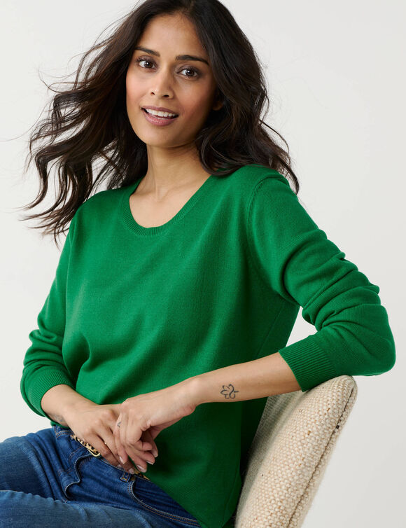Pull col rond uni, manches longues, toucher doux (vert)
