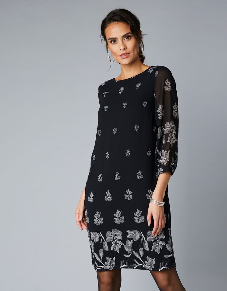 Robe en voile imprimé, manches 3/4 (noir / gris) Robe en voile imprimé, manches 3/4 (noir / gris)