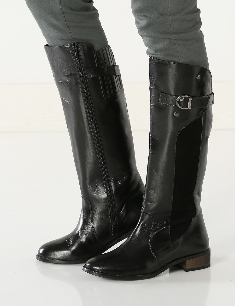 Bottes cavalières cuir mollets réglables, noir Blancheporte
