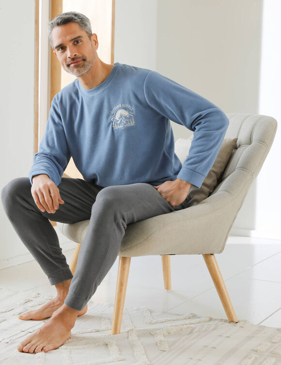 Pyjama motif placé, maille polaire (bleu / gris)