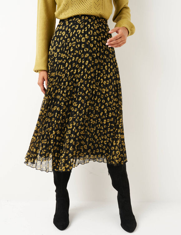 Jupe longue plissée, voile imprimé léopard (noir / olive)
