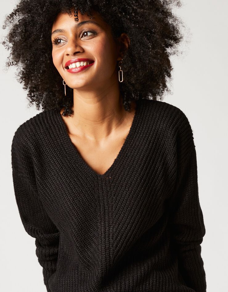 Pull col V, maille anglaise toucher mohair (noir)