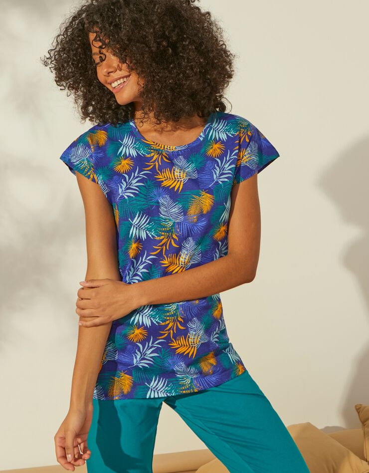 Tee-shirt de pyjama en coton manches courtes - imprimé tropical (bleu / safran) Tee-shirt de pyjama en coton manches courtes - imprimé tropical (bleu / safran)