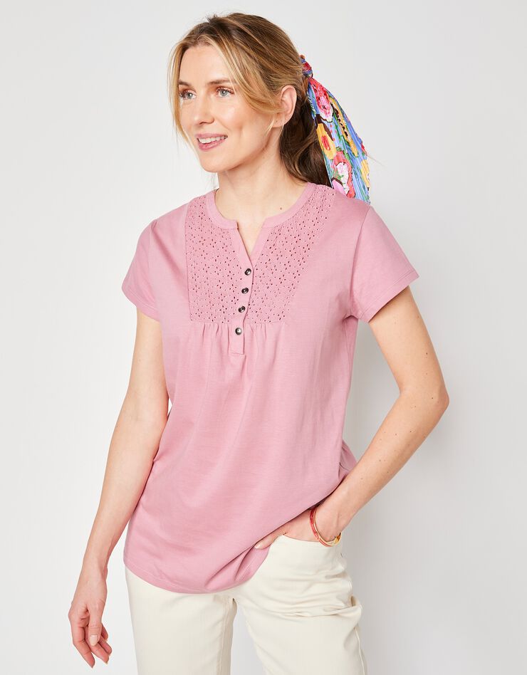 Tee-shirt boutonné broderie anglaise (rose grisé) Tee-shirt boutonné broderie anglaise (rose grisé)