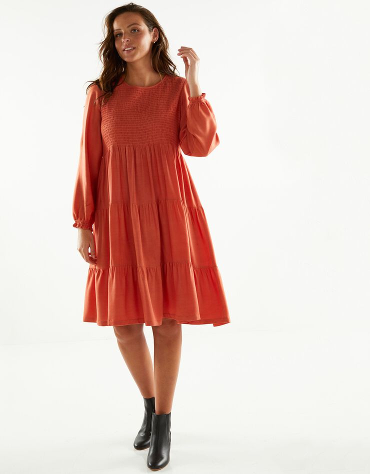 Robe smockée manches longues unie (paprika) Robe smockée manches longues unie (paprika)