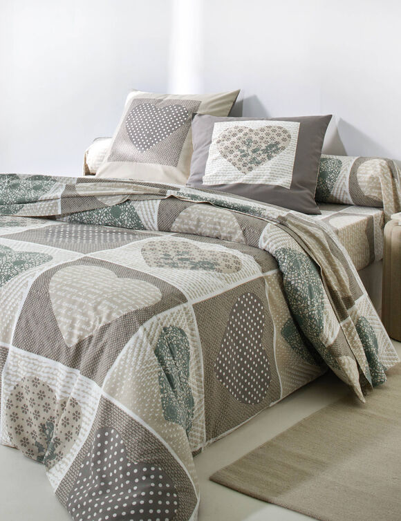 Linge de lit Lovely en coton imprim&eacute; coeurs (beige / vert)