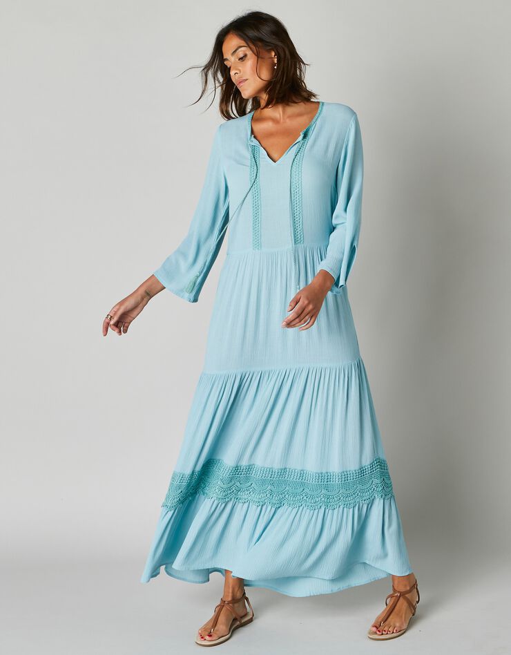 Robe longue unie manches 3/4 fendues, crépon (aqua)