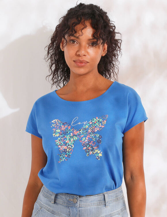 T-shirt manches courtes, imprim&eacute; plac&eacute; "papillon" (bleu)