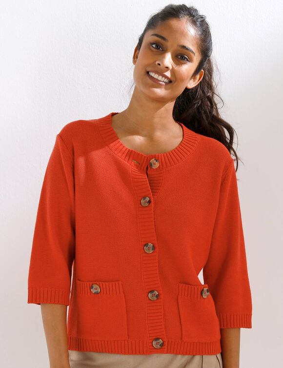 Cardigan boutonn&eacute; &agrave; poches, manches coude (rouge orange)