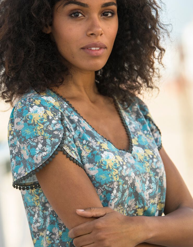 Tee-shirt imprimé coupe loose effet lin (kaki / turquoise) Tee-shirt imprimé coupe loose effet lin (kaki / turquoise)