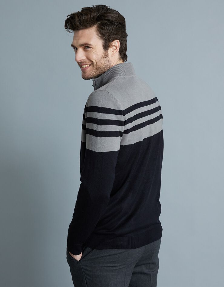 Pull rayé col montant zippé toucher cachemire (noir / gris chiné) Pull rayé col montant zippé toucher cachemire (noir / gris chiné)