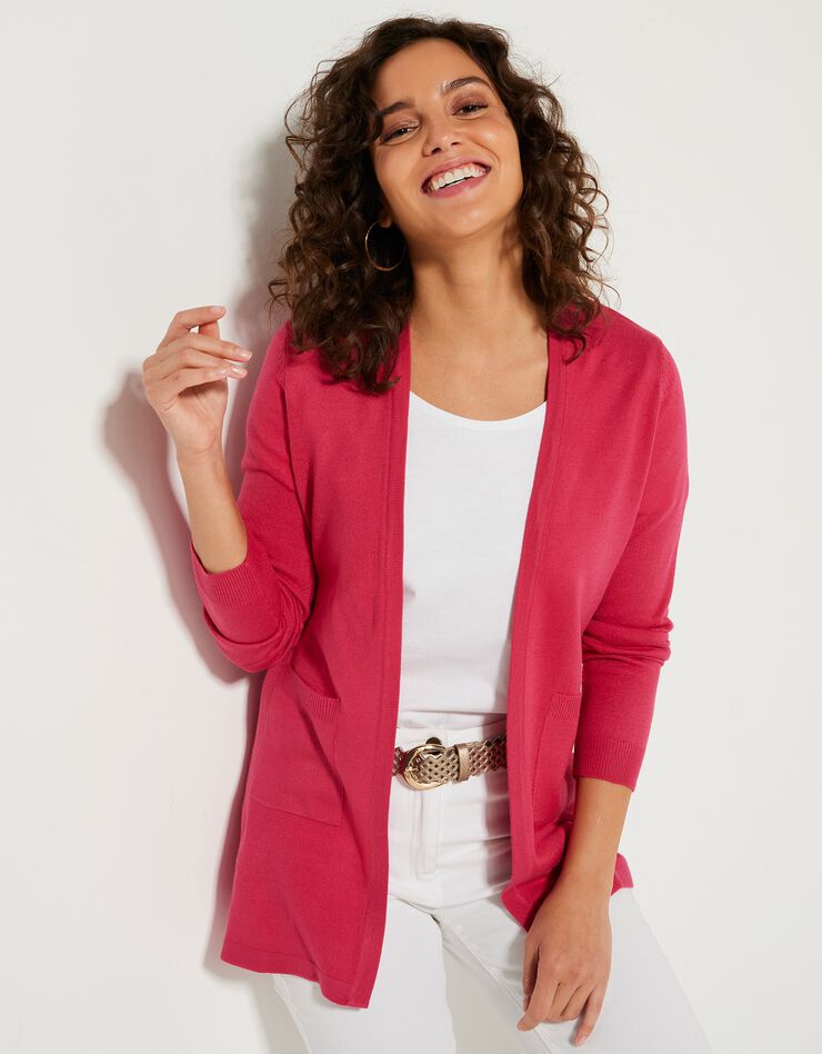 Gilet porter ouvert toucher cachemire (rose fuchsia) Gilet porter ouvert toucher cachemire (rose fuchsia)