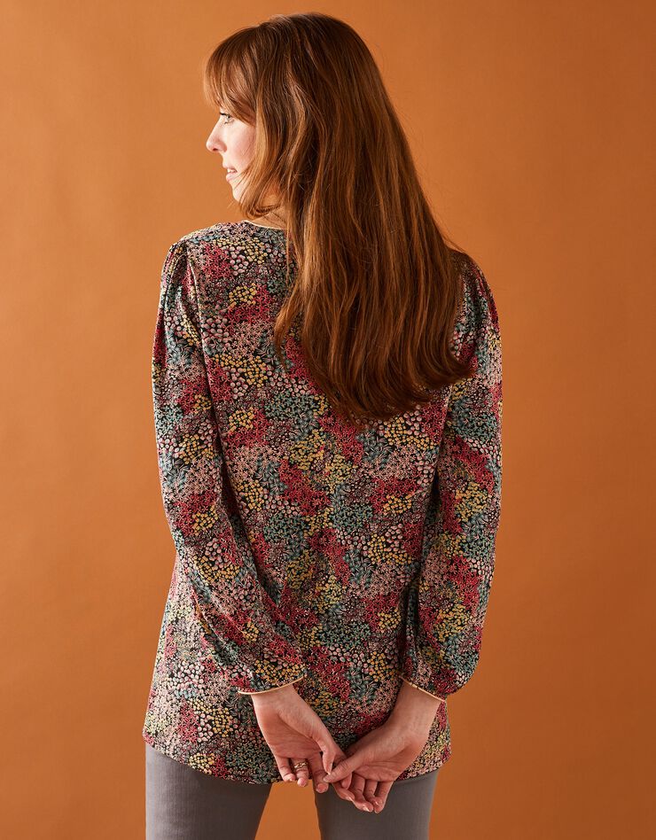Blouse évasée détails dorés imprimé fleurs (bois de rose / rose) Blouse évasée détails dorés imprimé fleurs (bois de rose / rose)