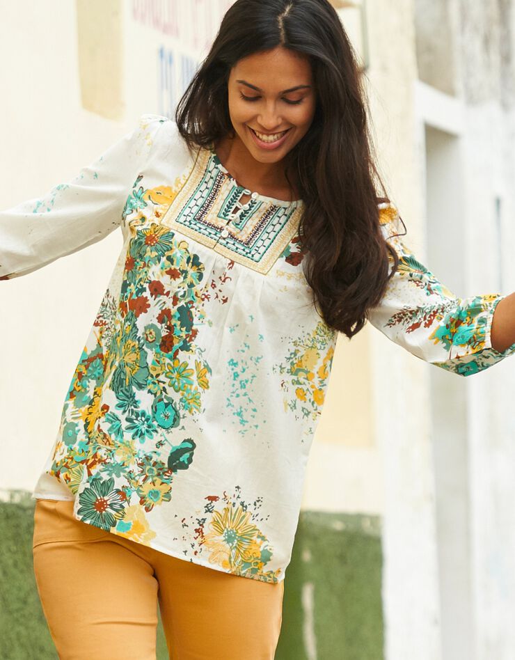 Blouse imprimée fleurs (écru / kaki) Blouse imprimée fleurs (écru / kaki)