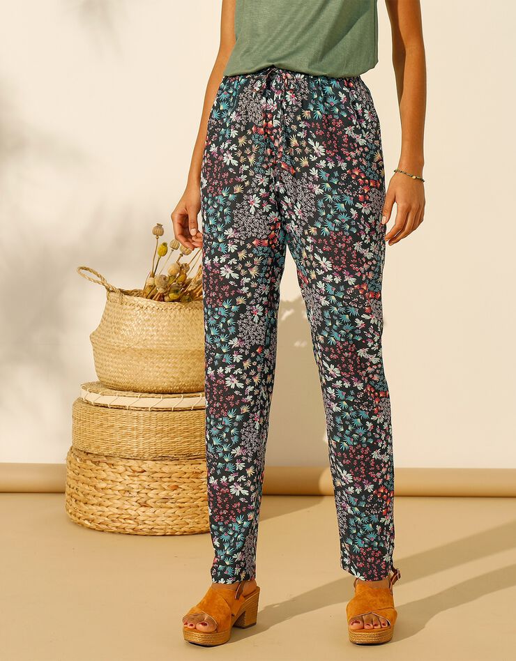 Pantalon crépon fluide imprimé fleuri (marine / turquoise) Pantalon crépon fluide imprimé fleuri (marine / turquoise)