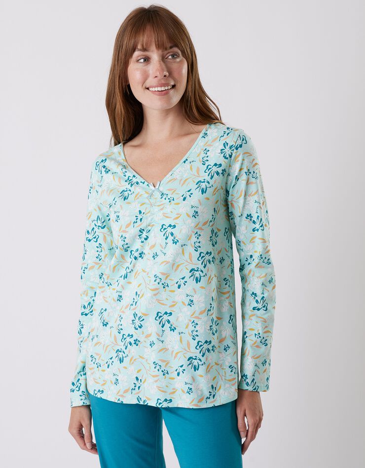 Tee-shirt pyjama manches longues imprimé floral (aqua)