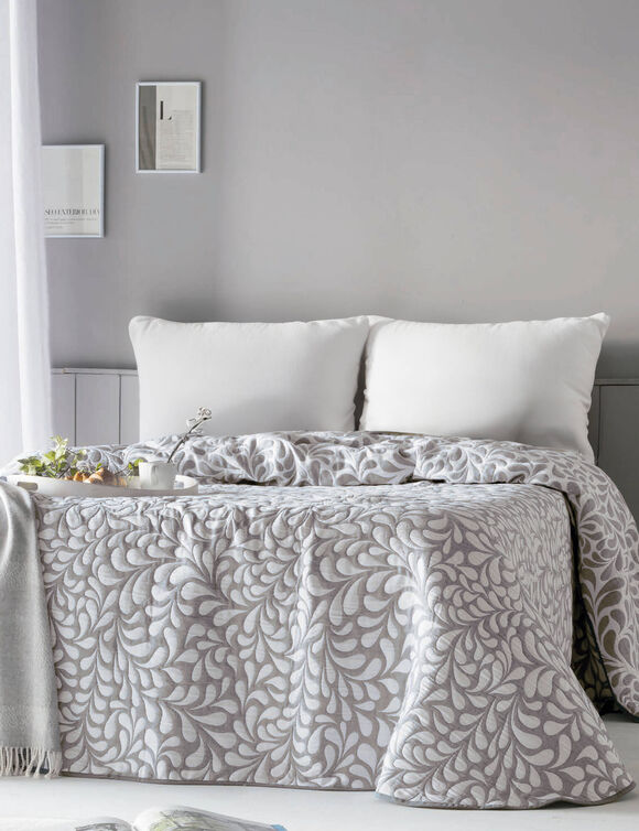Couvre-lit jacquard motif Feuilles (écru / taupe)