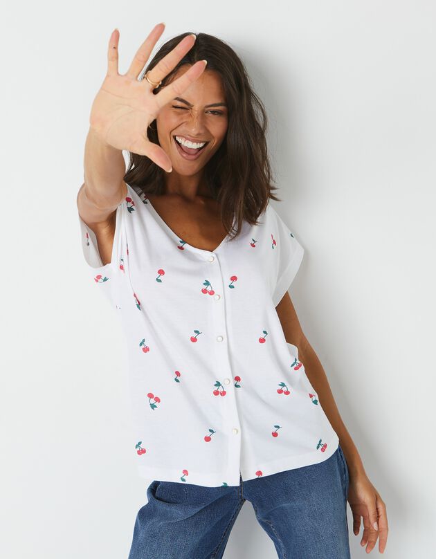 Tee-shirt col V boutonné imprimé cerises, spécial petites (blanc)