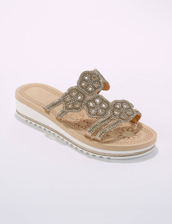 Mules bijoux compens&eacute;es, empi&egrave;cements strass&eacute;s et perl&eacute;s (dor&eacute;)