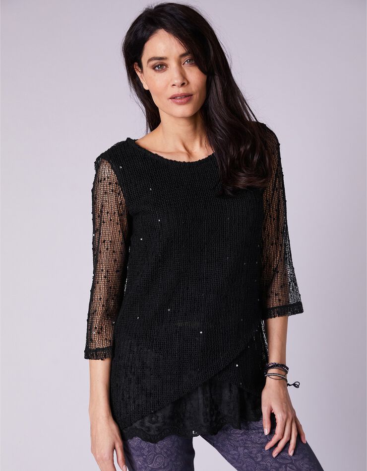Pull fantaisie effet 2en1 manches 3/4 (noir) Pull fantaisie effet 2en1 manches 3/4 (noir)