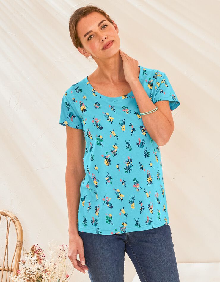 Tee-shirt col rond imprimé fleuri coton bio (turquoise) Tee-shirt col rond imprimé fleuri coton bio (turquoise)