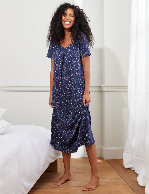 Chemise de nuit longue imprimée manches courtes (marine / violine)