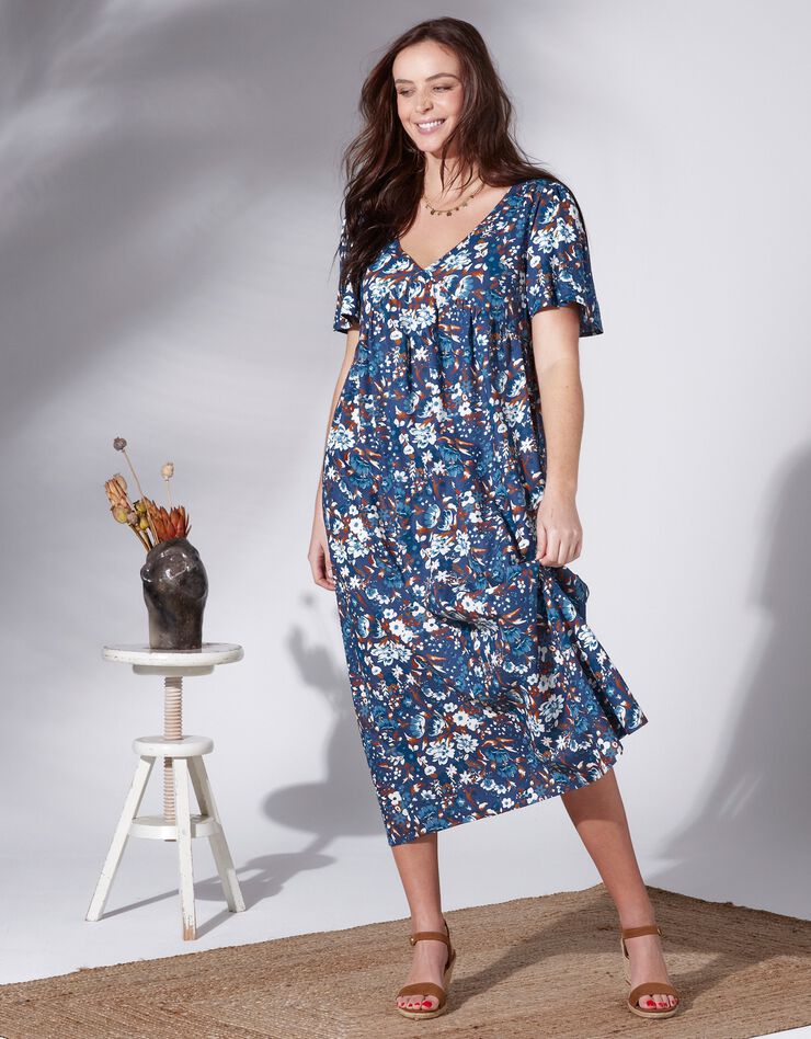 Robe longue imprimée manches courtes papillon (marine / écru)