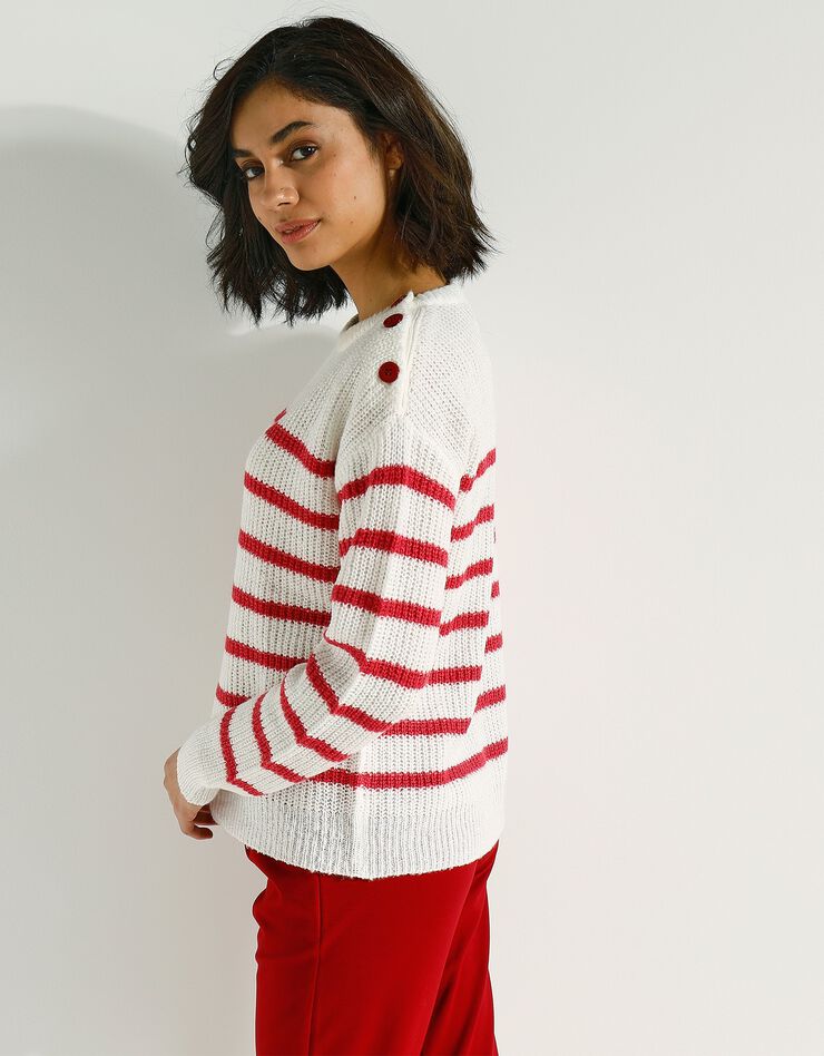 Pull rayé manches longues épaule boutonnée (écru / tomette) Pull rayé manches longues épaule boutonnée (écru / tomette)