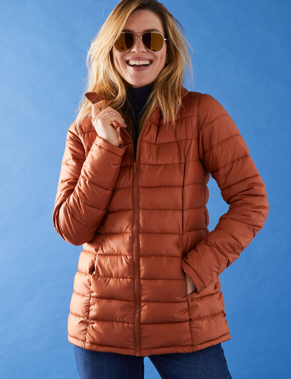 Doudoune zippée courte col montant unie, déperlante (caramel)