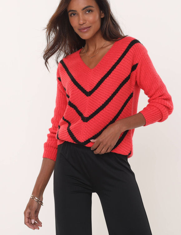 Pull col V rayé, maille anglaise toucher doux (rouge / noir)