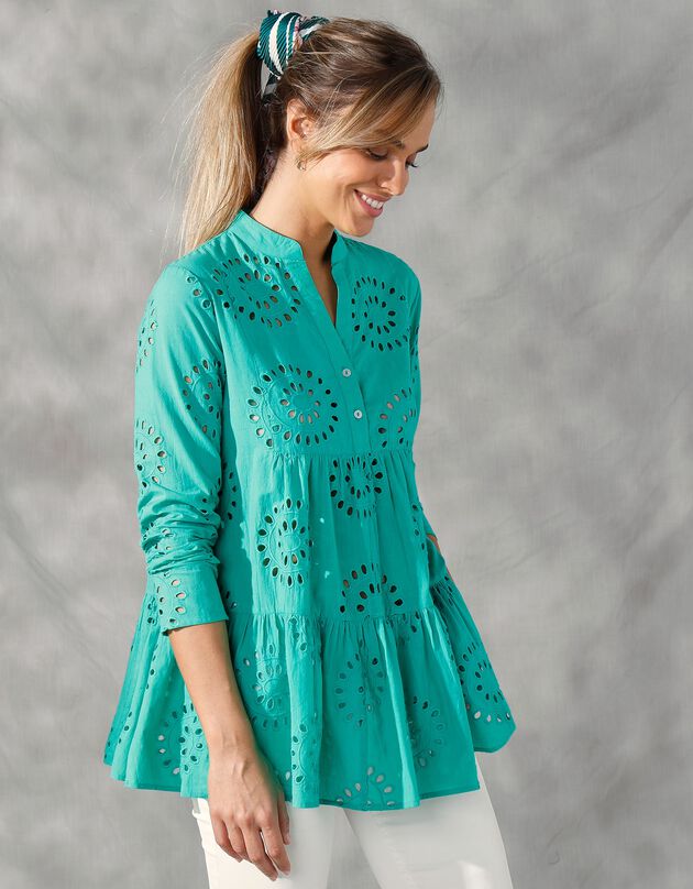 Blouse ample manches longues, broderie anglaise (vert)