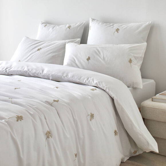 Linge de lit blanc brod&eacute; fleurs - coton 57 fils/cm&sup2; (blanc)