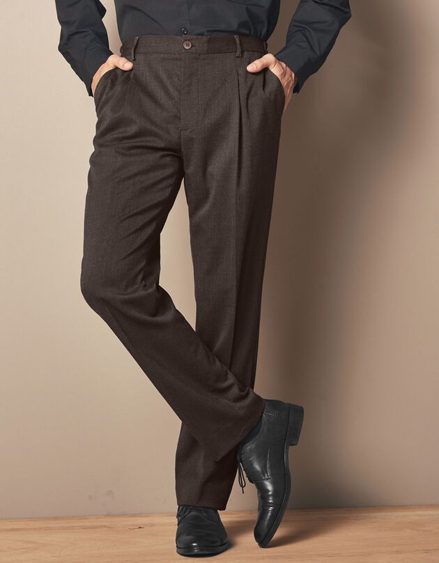 Pantalon taille élastiquée à pinces - polyester/laine (noisette)