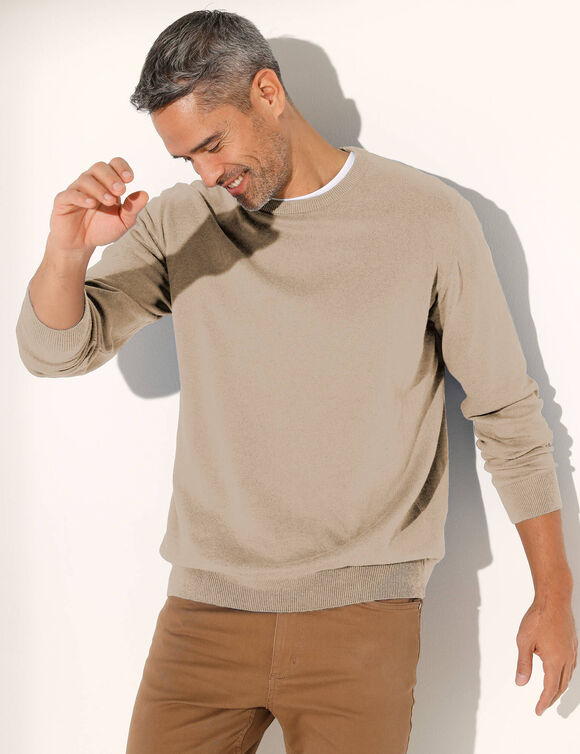 Pull pur coton col rond (taupe chin&eacute;)