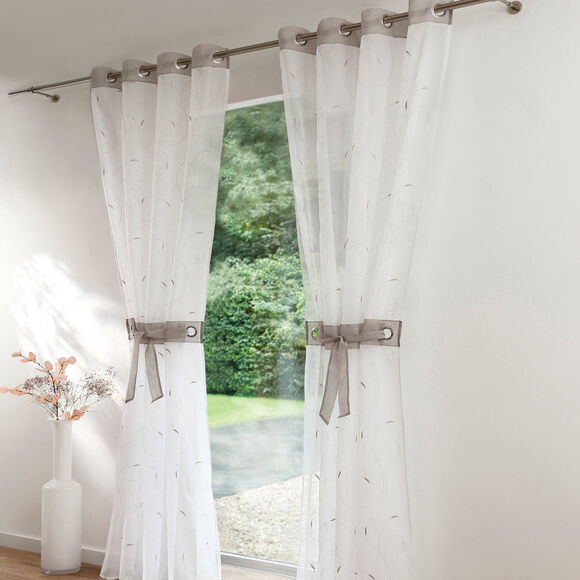 Rideau panneau voile petites feuilles brod&eacute;es (gris / blanc)