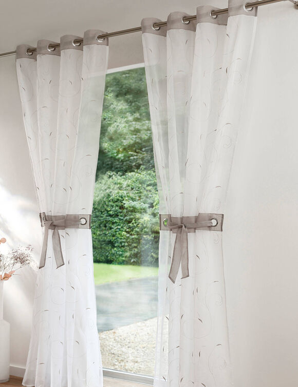 Rideau panneau voile petites feuilles brodées (gris / blanc)