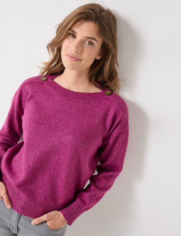 Pull col bateau uni, épaules boutonnées (violine)