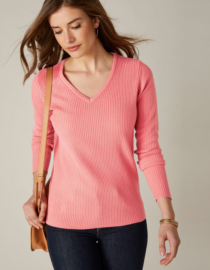 Pull maille côtelée col V uni (corail) Pull maille côtelée col V uni (corail)
