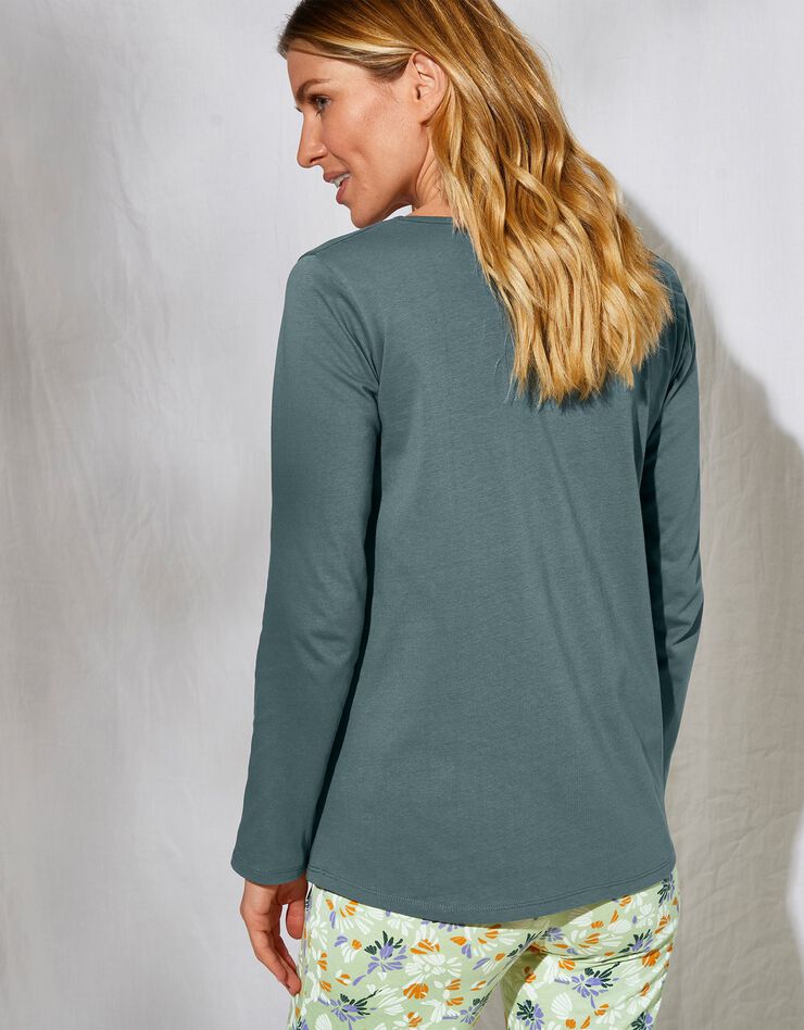 Tee-shirt pyjama manches longues imprimé placé "pétales de fleurs" (vert sauge) Tee-shirt pyjama manches longues imprimé placé "pétales de fleurs" (vert sauge)