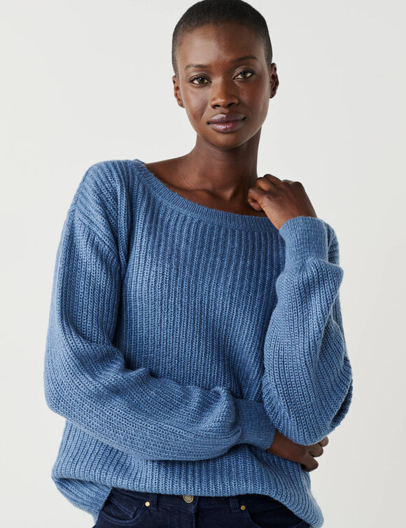 Pull col bateau &agrave; manches blousantes, maille anglaise (bleu denim)