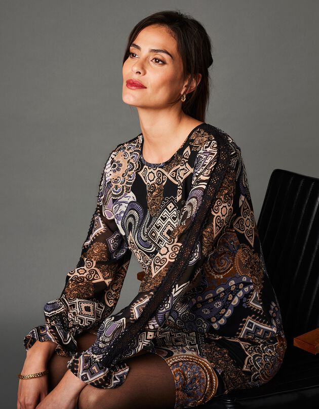 Robe droite imprimée effet patchs (noir / beige)