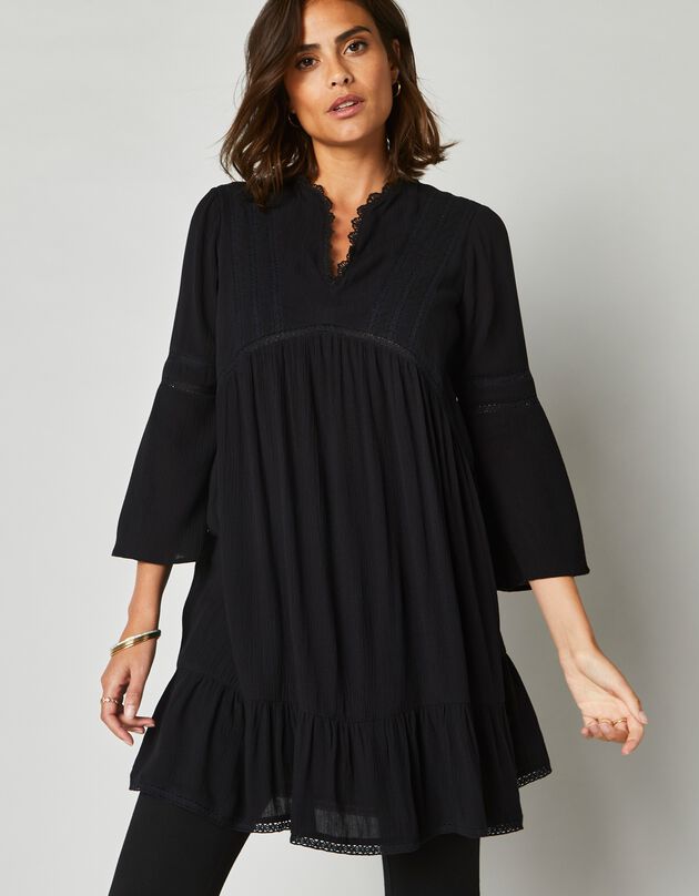 Tunique macramé unie manches 3/4 pagodes, crépon (noir)
