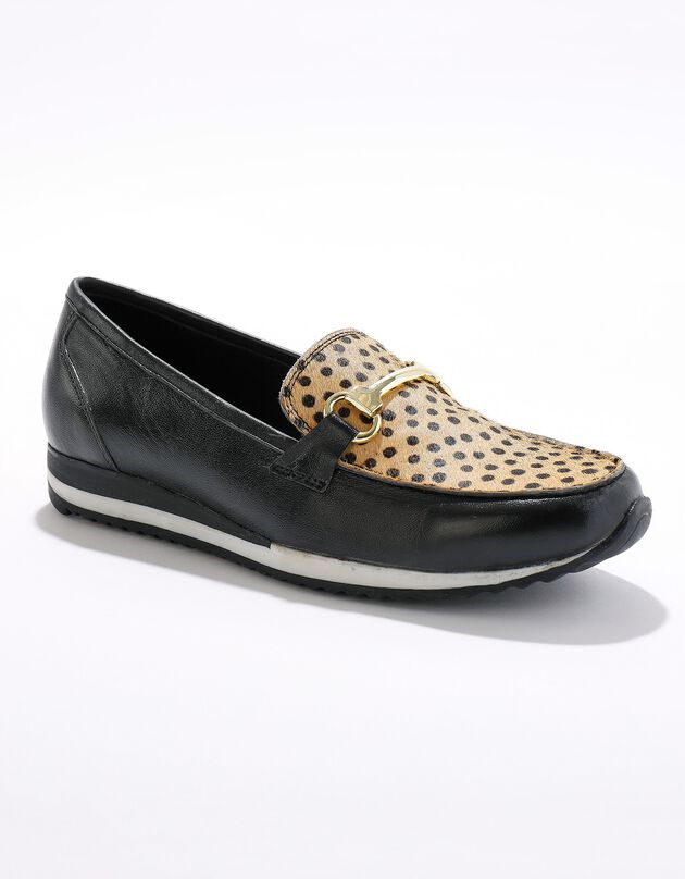 Mocassins compensés cuir souple largeur confort - noir/imprimé léopard (noir)