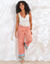Pantalon large imprimé, taille haute smockée (orange)