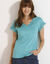 T-shirt uni col V macramé (bleu lagon)
